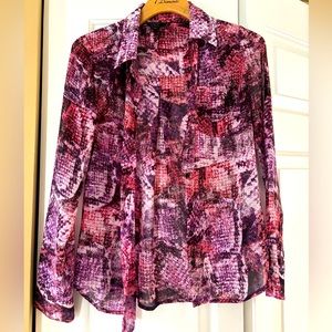 Pink/purple print, silky long sleeve button down, Guess size XS